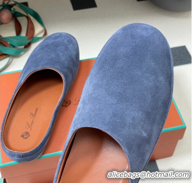 Modern Loro Piana Tomori Sabot Flat Mules in Suede Blue 0827008