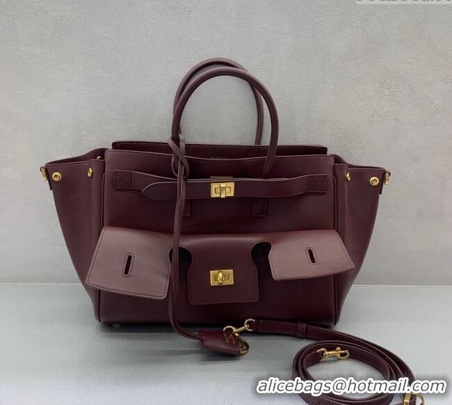 Inexpensive Balenciaga Bel Air Small Carry All Bag in smooth calfskin 48089 dark burgundy aged-gold hardware 2025