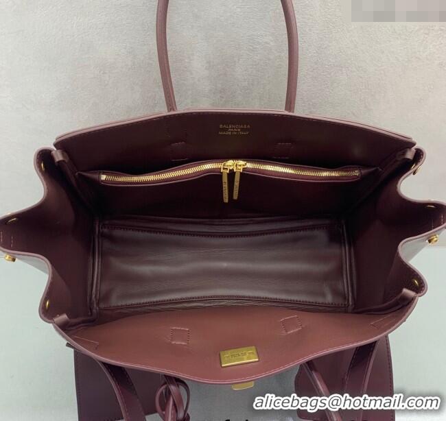 Inexpensive Balenciaga Bel Air Small Carry All Bag in smooth calfskin 48089 dark burgundy aged-gold hardware 2025