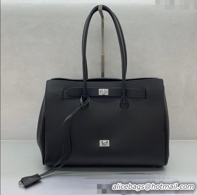 Best Quality Balenciaga Bel Air Medium Carry All Bag in smooth calfskin 48090 Black aged-silver hardware 2025