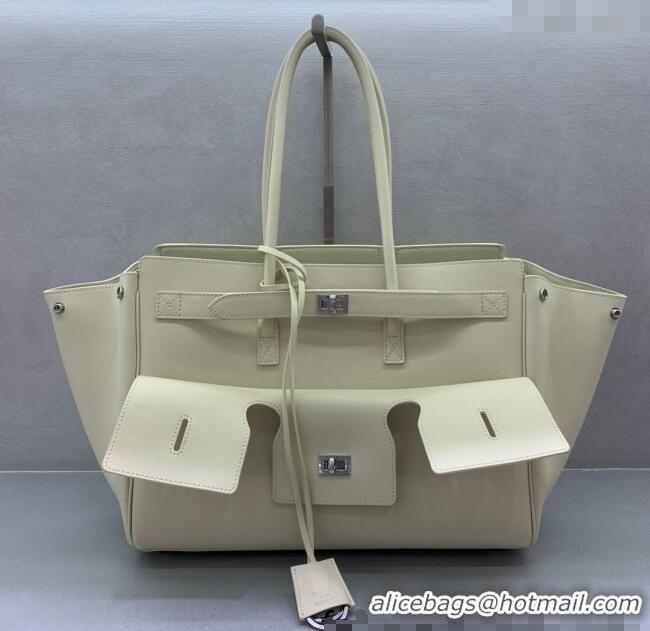 Best Price Balenciaga Bel Air Medium Carry All Bag in smooth calfskin 48090 White aged-silver hardware 2025