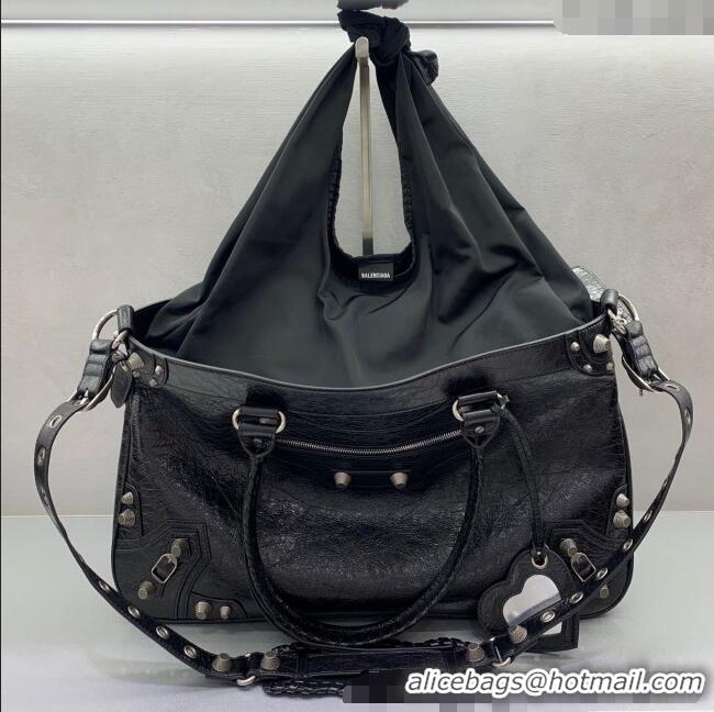 Top Quality Balenciaga Neo Cagole XL Plus Tote Bag in Black Arena lambskin 48091 Black aged-silver hardware 2025