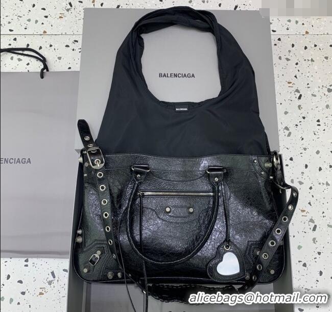 Top Quality Balenciaga Neo Cagole XL Plus Tote Bag in Black Arena lambskin 48091 Black aged-silver hardware 2025