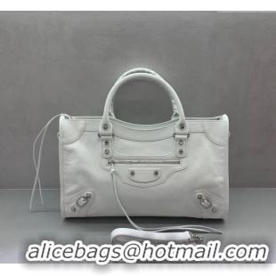 Best Price Balenciaga Le City Medium Bag in Arena Storico lambskin 49001 optic white shiny silver hardware 2025