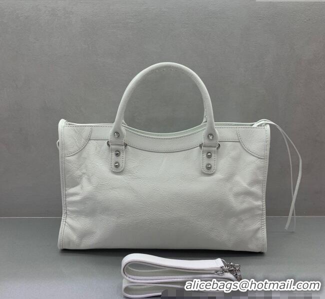 Best Price Balenciaga Le City Medium Bag in Arena Storico lambskin 49001 optic white shiny silver hardware 2025