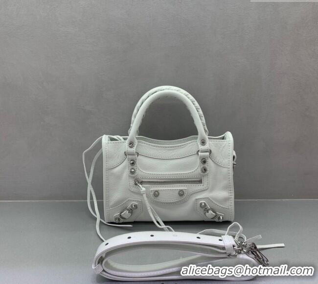 Inexpensive Balenciaga Le City Mini Bag in Arena Storico lambskin 49003 optic white shiny silver hardware 2025