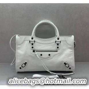 Inexpensive Balenciaga Le City Medium Bag in Arena Storico lambskin 49004 optic white black hardware 2025