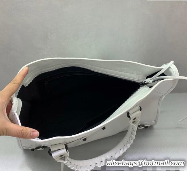 Inexpensive Balenciaga Le City Medium Bag in Arena Storico lambskin 49004 optic white black hardware 2025