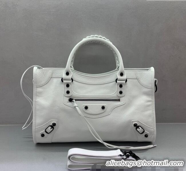 Inexpensive Balenciaga Le City Medium Bag in Arena Storico lambskin 49004 optic white black hardware 2025