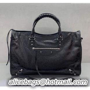 Best Price Balenciaga Le City Large Bag in Arena Storico lambskin 49013 Black shiny silver hardware 2025