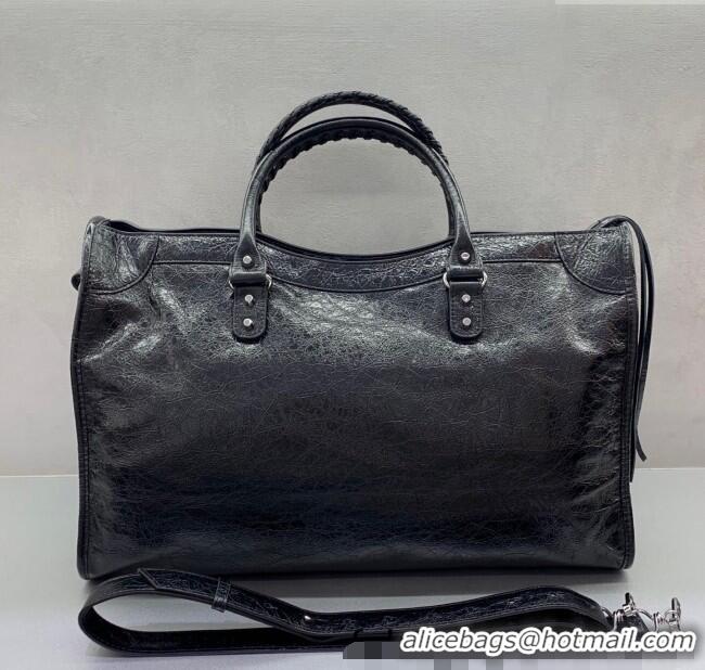 Best Price Balenciaga Le City Large Bag in Arena Storico lambskin 49013 Black shiny silver hardware 2025