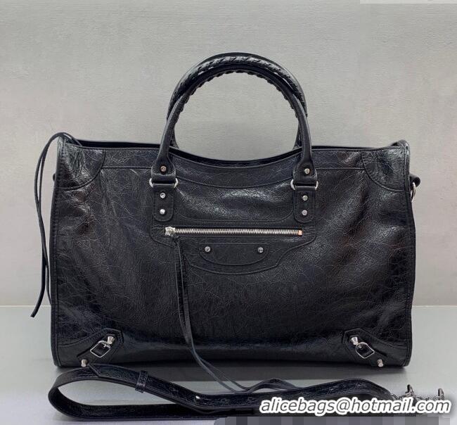 Best Price Balenciaga Le City Large Bag in Arena Storico lambskin 49013 Black shiny silver hardware 2025