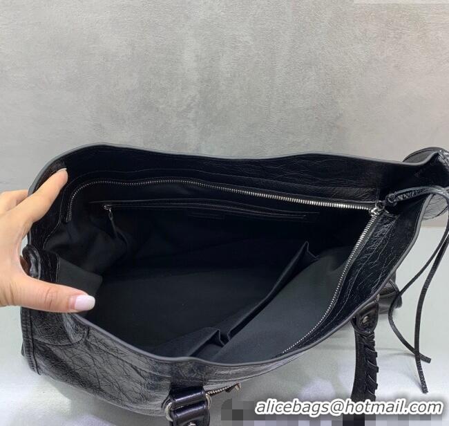 Best Price Balenciaga Le City Large Bag in Arena Storico lambskin 49013 Black shiny silver hardware 2025