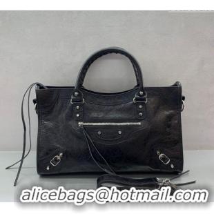 Inexpensive Balenciaga Le City Medium Bag in Arena Storico lambskin 49014 Black shiny silver hardware 2025