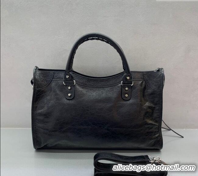 Inexpensive Balenciaga Le City Medium Bag in Arena Storico lambskin 49014 Black shiny silver hardware 2025