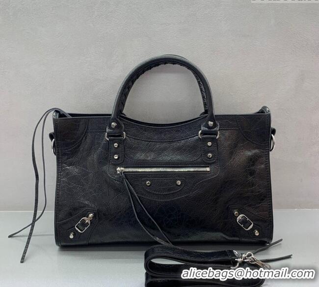 Inexpensive Balenciaga Le City Medium Bag in Arena Storico lambskin 49014 Black shiny silver hardware 2025