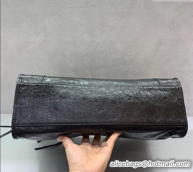 Inexpensive Balenciaga Le City Medium Bag in Arena Storico lambskin 49014 Black shiny silver hardware 2025