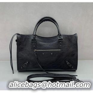 Free Shipping Balenciaga Le City Medium Bag in Arena Storico lambskin 49017 Black brass hardware 2025