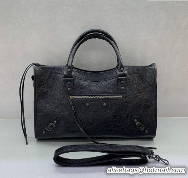 Free Shipping Balenciaga Le City Medium Bag in Arena Storico lambskin 49017 Black brass hardware 2025