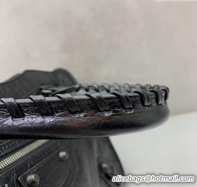 Free Shipping Balenciaga Le City Medium Bag in Arena Storico lambskin 49017 Black brass hardware 2025