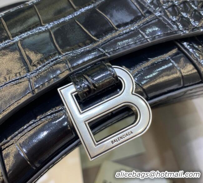 Promotional Balenciaga Hourglass Mini Top Handle Bag in Crocodile Embossed Calfskin 26070 Black/Silver 2025
