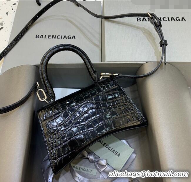 Promotional Balenciaga Hourglass Mini Top Handle Bag in Crocodile Embossed Calfskin 26070 Black/Silver 2025