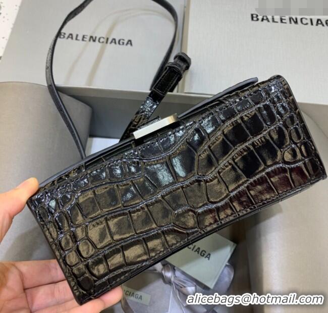 Promotional Balenciaga Hourglass Mini Top Handle Bag in Crocodile Embossed Calfskin 26070 Black/Silver 2025