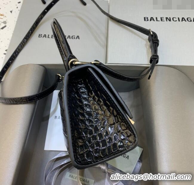 Promotional Balenciaga Hourglass Mini Top Handle Bag in Crocodile Embossed Calfskin 26070 Black/Silver 2025