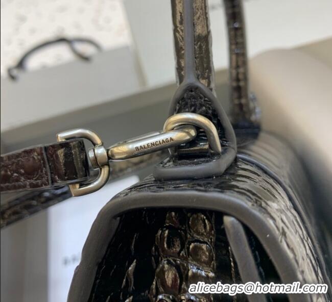 Promotional Balenciaga Hourglass Mini Top Handle Bag in Crocodile Embossed Calfskin 26070 Black/Silver 2025