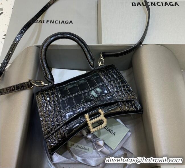 Promotional Balenciaga Hourglass Mini Top Handle Bag in Crocodile Embossed Calfskin 26070 Black/Silver 2025
