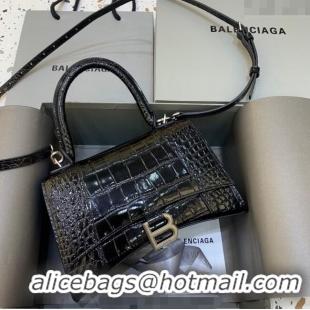 Big Discount Balenciaga Hourglass Small Top Handle Bag in Crocodile Embossed Calfskin 26071 Black/Silver 2025