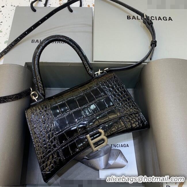 Big Discount Balenciaga Hourglass Small Top Handle Bag in Crocodile Embossed Calfskin 26071 Black/Silver 2025