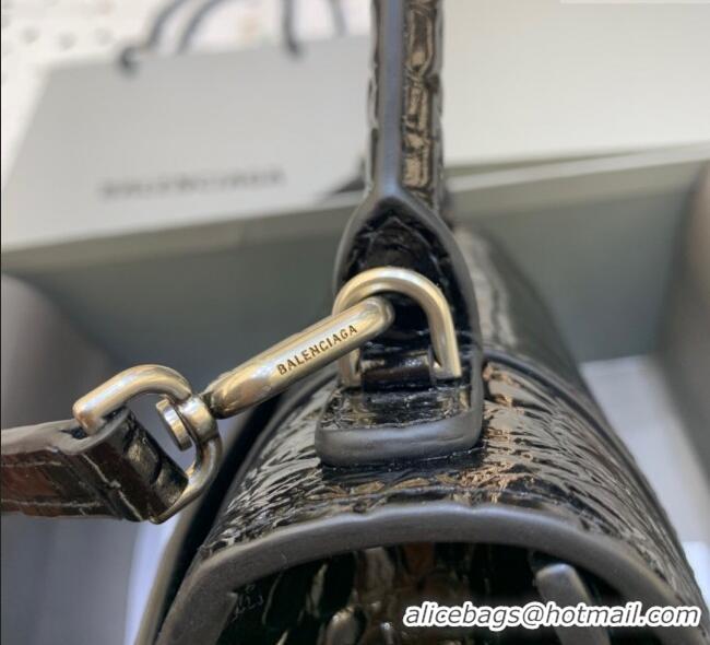 Big Discount Balenciaga Hourglass Small Top Handle Bag in Crocodile Embossed Calfskin 26071 Black/Silver 2025