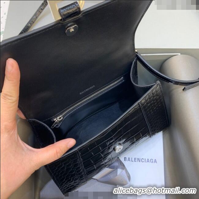 Big Discount Balenciaga Hourglass Small Top Handle Bag in Crocodile Embossed Calfskin 26071 Black/Silver 2025
