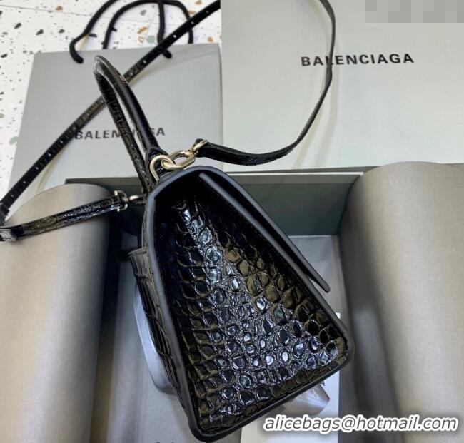 Big Discount Balenciaga Hourglass Small Top Handle Bag in Crocodile Embossed Calfskin 26071 Black/Silver 2025