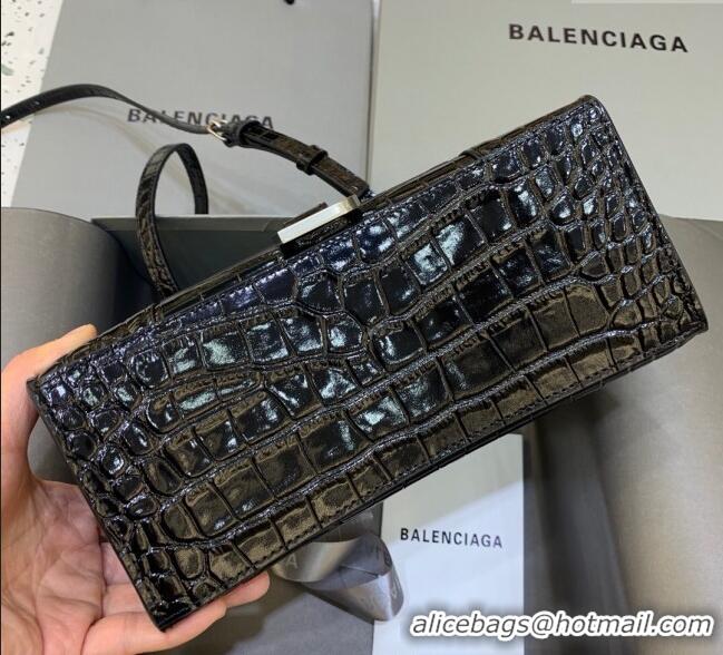 Big Discount Balenciaga Hourglass Small Top Handle Bag in Crocodile Embossed Calfskin 26071 Black/Silver 2025