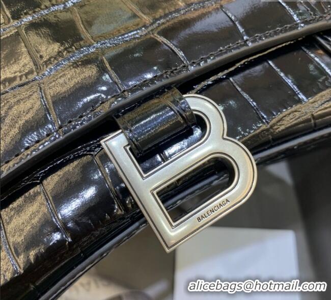 Big Discount Balenciaga Hourglass Small Top Handle Bag in Crocodile Embossed Calfskin 26071 Black/Silver 2025