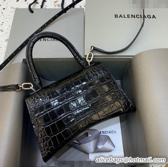Big Discount Balenciaga Hourglass Small Top Handle Bag in Crocodile Embossed Calfskin 26071 Black/Silver 2025