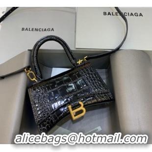 Super Quality Balenciaga Hourglass Mini Top Handle Bag in Crocodile Embossed Calfskin 26070 Black/Gold 2025