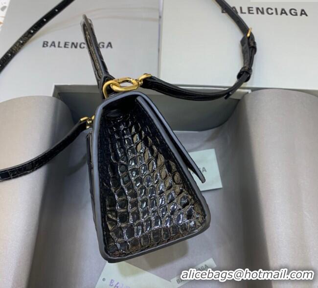 Super Quality Balenciaga Hourglass Mini Top Handle Bag in Crocodile Embossed Calfskin 26070 Black/Gold 2025