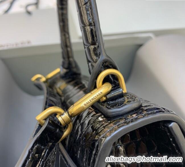 Super Quality Balenciaga Hourglass Mini Top Handle Bag in Crocodile Embossed Calfskin 26070 Black/Gold 2025
