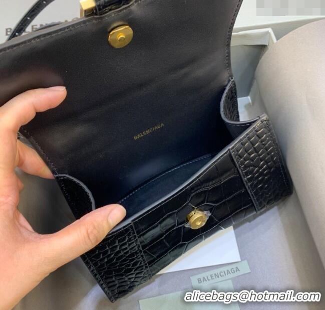Super Quality Balenciaga Hourglass Mini Top Handle Bag in Crocodile Embossed Calfskin 26070 Black/Gold 2025