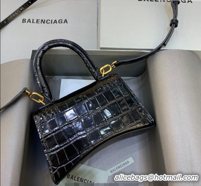 Super Quality Balenciaga Hourglass Mini Top Handle Bag in Crocodile Embossed Calfskin 26070 Black/Gold 2025