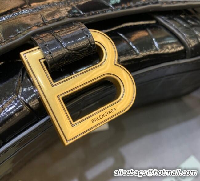 Super Quality Balenciaga Hourglass Mini Top Handle Bag in Crocodile Embossed Calfskin 26070 Black/Gold 2025