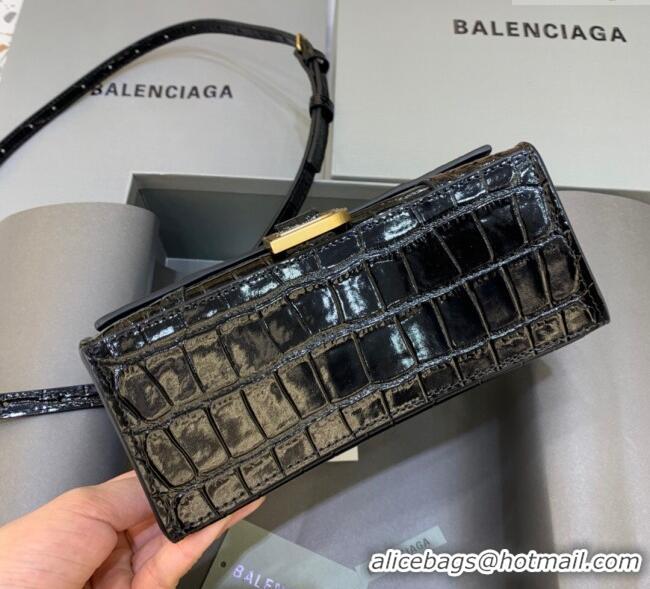 Super Quality Balenciaga Hourglass Mini Top Handle Bag in Crocodile Embossed Calfskin 26070 Black/Gold 2025