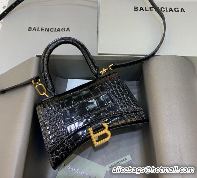 Super Quality Balenciaga Hourglass Mini Top Handle Bag in Crocodile Embossed Calfskin 26070 Black/Gold 2025