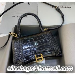 Pretty Style Balenciaga Hourglass Small Top Handle Bag in Crocodile Embossed Calfskin 26071 Black/Gold 2025