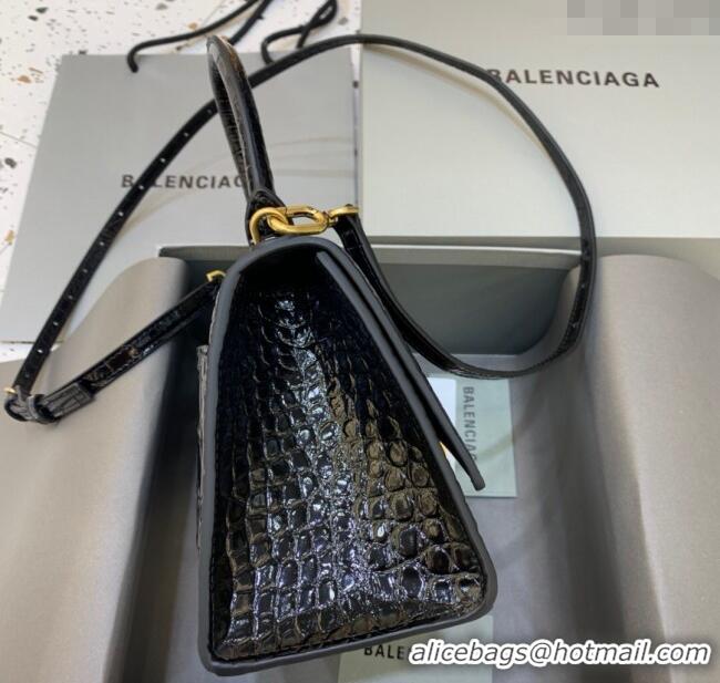 Pretty Style Balenciaga Hourglass Small Top Handle Bag in Crocodile Embossed Calfskin 26071 Black/Gold 2025