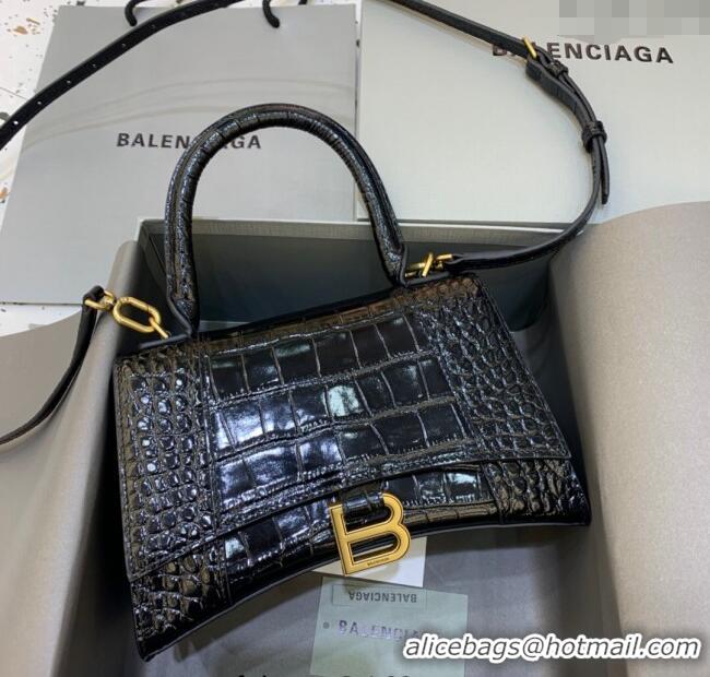 Pretty Style Balenciaga Hourglass Small Top Handle Bag in Crocodile Embossed Calfskin 26071 Black/Gold 2025