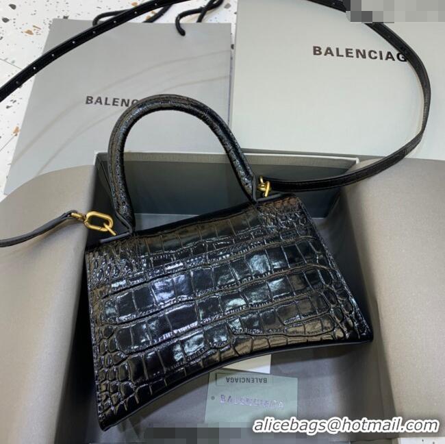 Pretty Style Balenciaga Hourglass Small Top Handle Bag in Crocodile Embossed Calfskin 26071 Black/Gold 2025